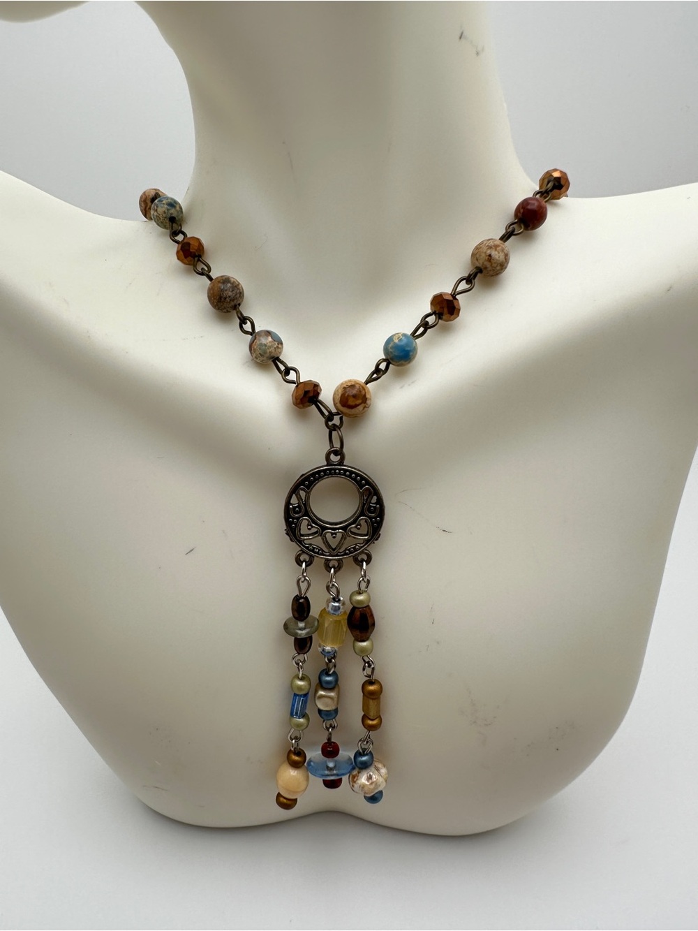 Beaded Tassel Pendant Necklace in Mixed Earth Tones